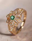 Green Flower Hollow Gold Ring