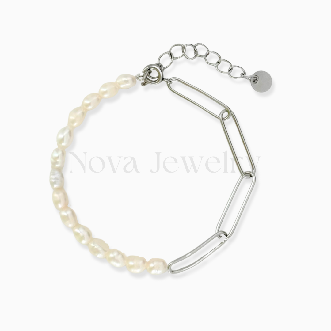 Half Pearl Link Chain Silver Stainless Steel Bracelet