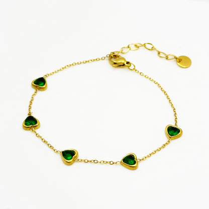 Green Crystal Heart 18K Gold Plated Stainless Steel Bracelet