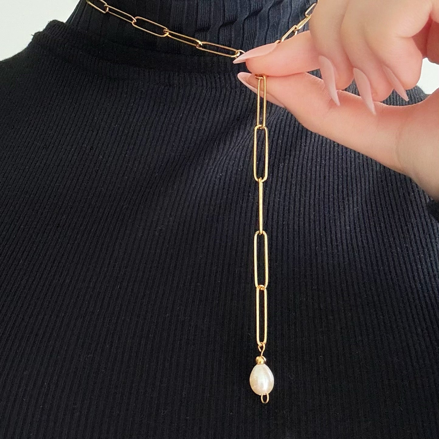 Pearl Link Chain 18K Gold Plated Stainless Steel Necklace