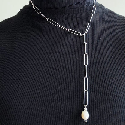 Pearl Silver Link Chain Stainless Steel Necklace