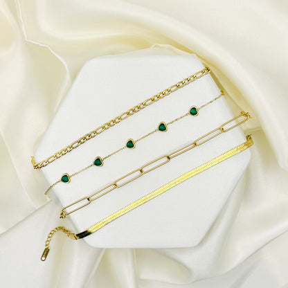 Green Crystal Heart 18K Gold Plated Stainless Steel Bracelet