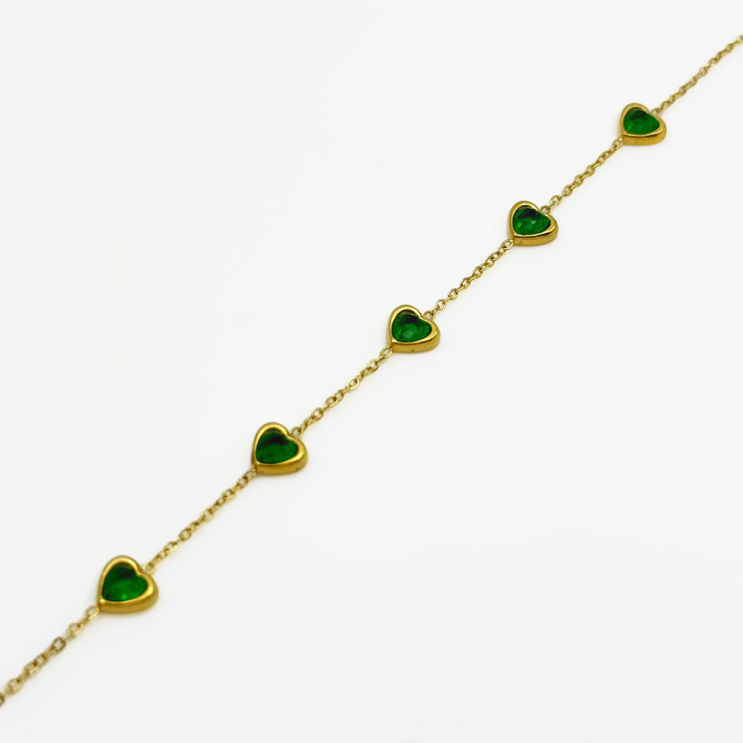 Green Crystal Heart 18K Gold Plated Stainless Steel Bracelet